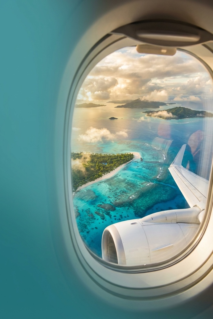 Tropical island from airplane window